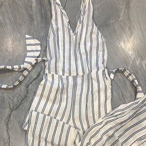 a new day White and Blue Nautical Striped Jumpsuit